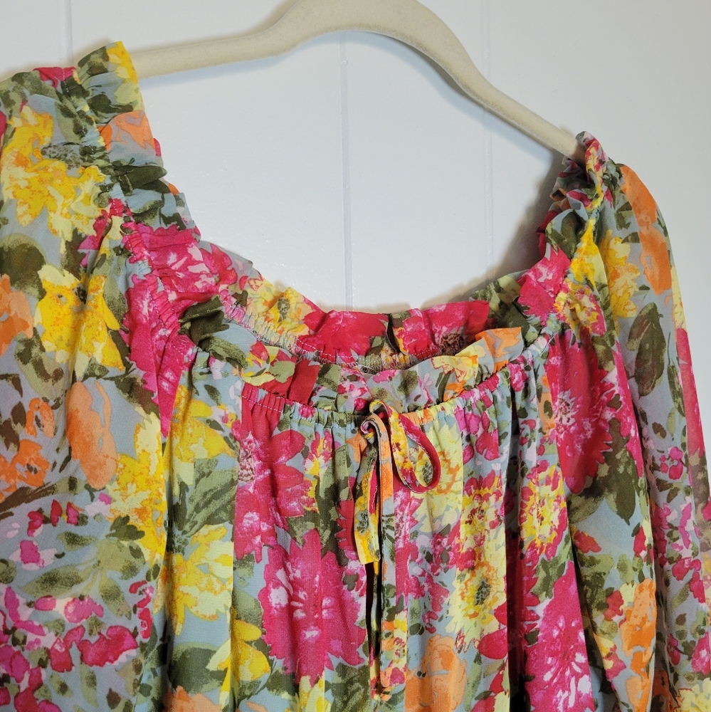 LC Lauren Conrad Off The Shoulder Midi Dress Floral Print Puff Sleeves Boho XL - Picture 8 of 11